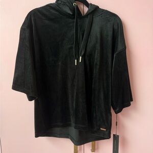 Donna Karan Black Velour Short-Sleeve Hoodie